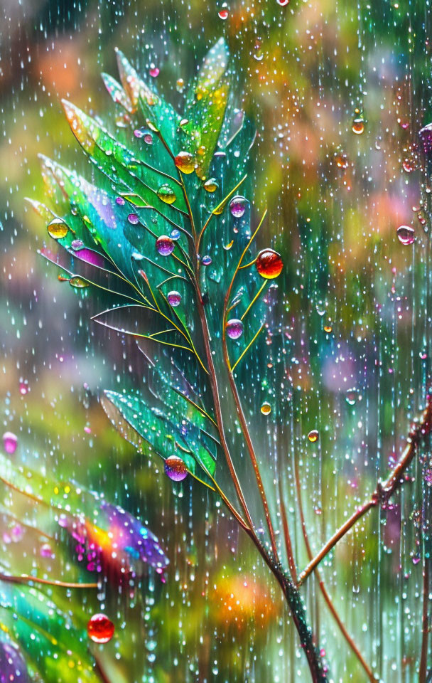 Colorful leaf with water droplets and bokeh rain effect