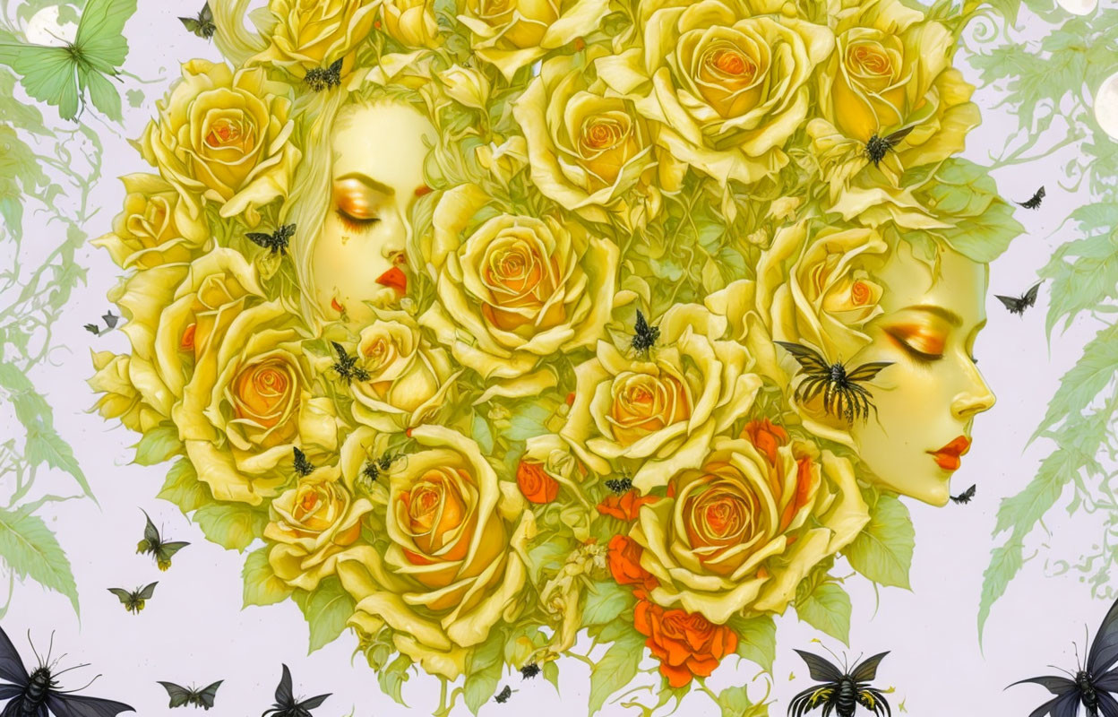 Yellow Roses and Butterflies Surrounding Blended Faces in Artistic Depiction