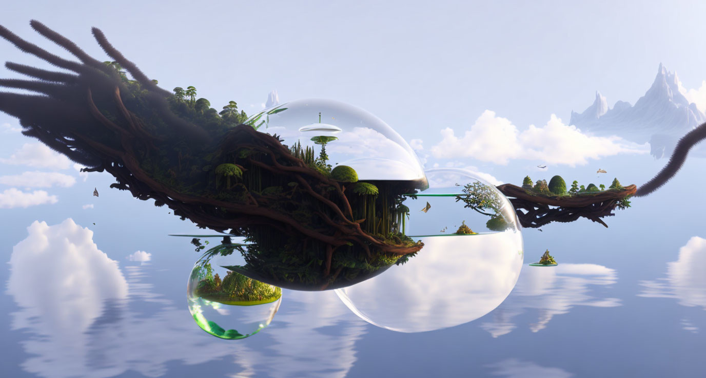 Floating islands with lush greenery and futuristic structures in transparent bubbles against serene sky.