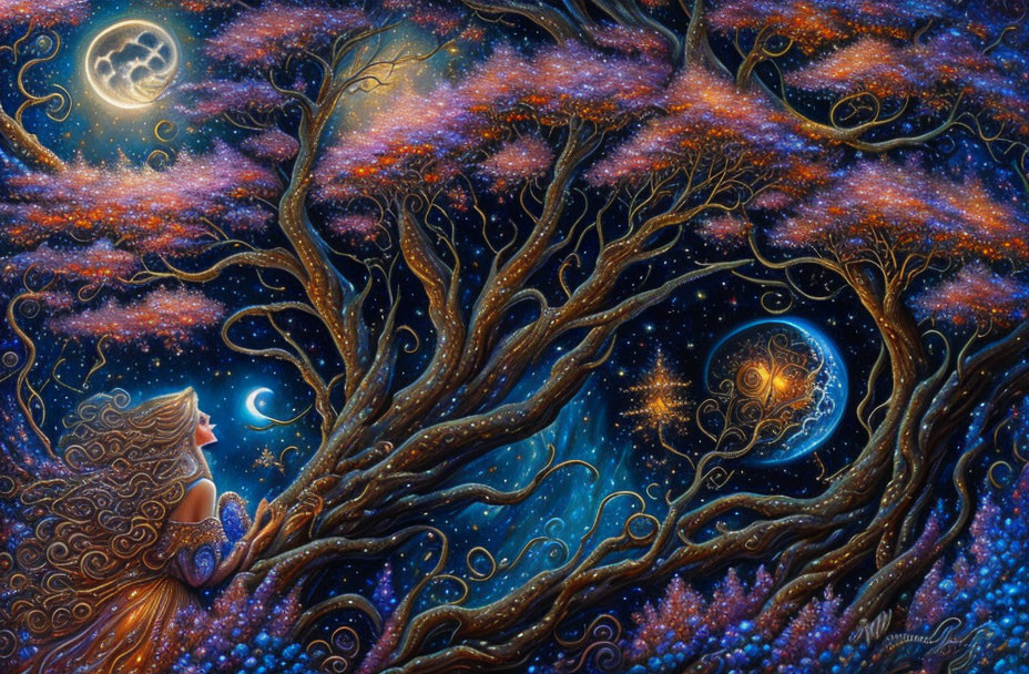 Artwork of woman with tree hair under starry night sky