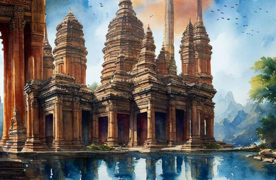 Ancient temple watercolor painting with ornate towers, serene water, mountains, and clear sky