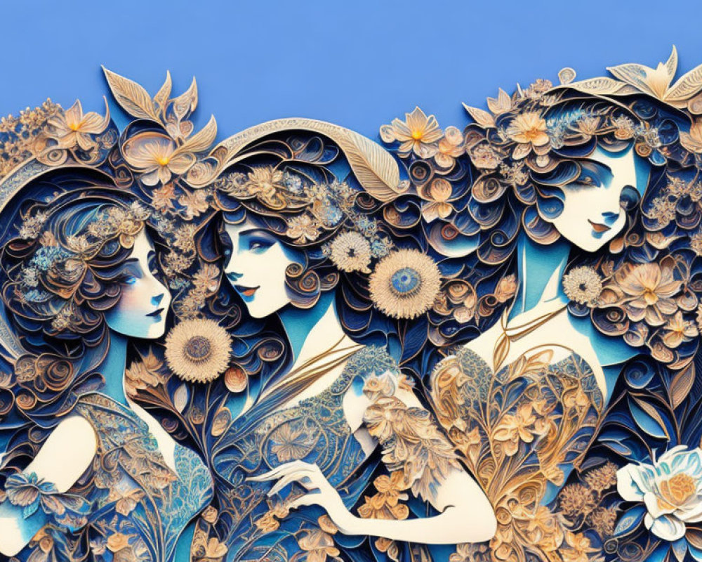 Stylized artwork of three female figures with floral motifs in blues and earth tones