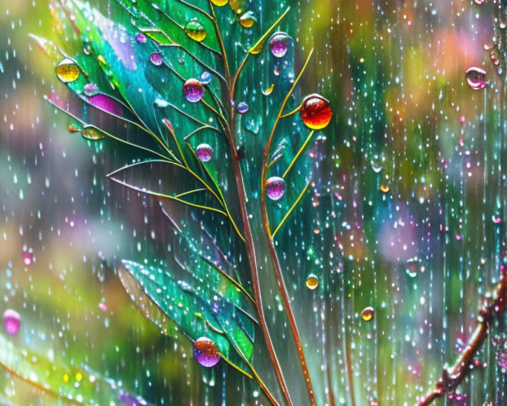 Colorful leaf with water droplets and bokeh rain effect