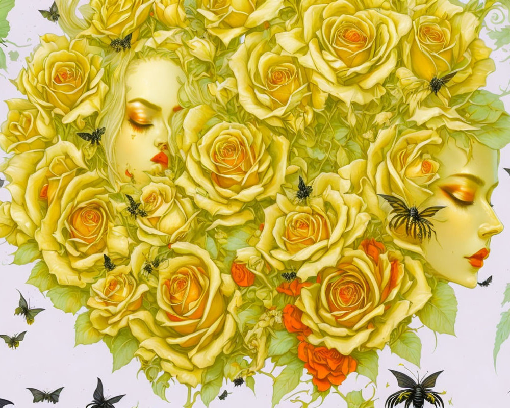 Yellow Roses and Butterflies Surrounding Blended Faces in Artistic Depiction