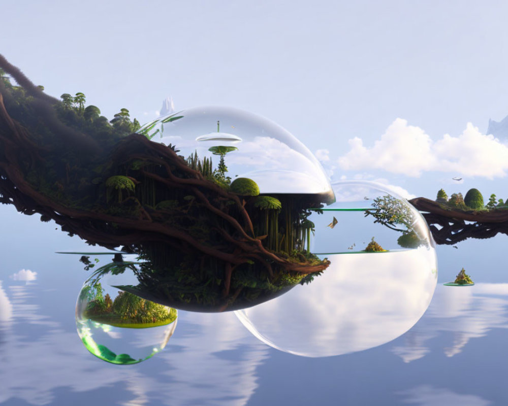 Floating islands with lush greenery and futuristic structures in transparent bubbles against serene sky.