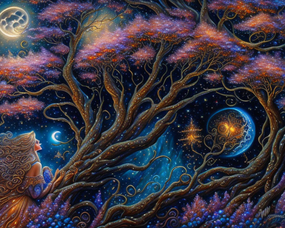 Artwork of woman with tree hair under starry night sky