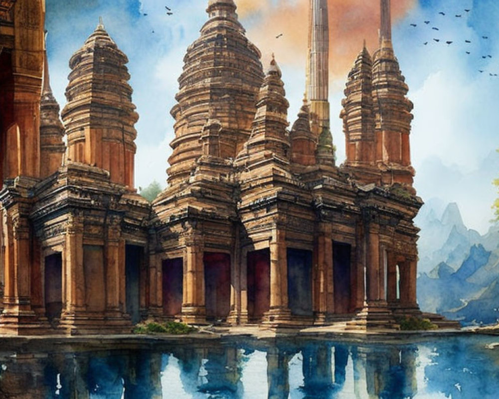 Ancient temple watercolor painting with ornate towers, serene water, mountains, and clear sky