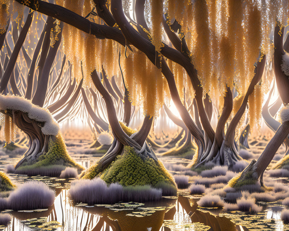 Enchanting forest scene with golden trees, white growths, mossy floor, and tranquil water