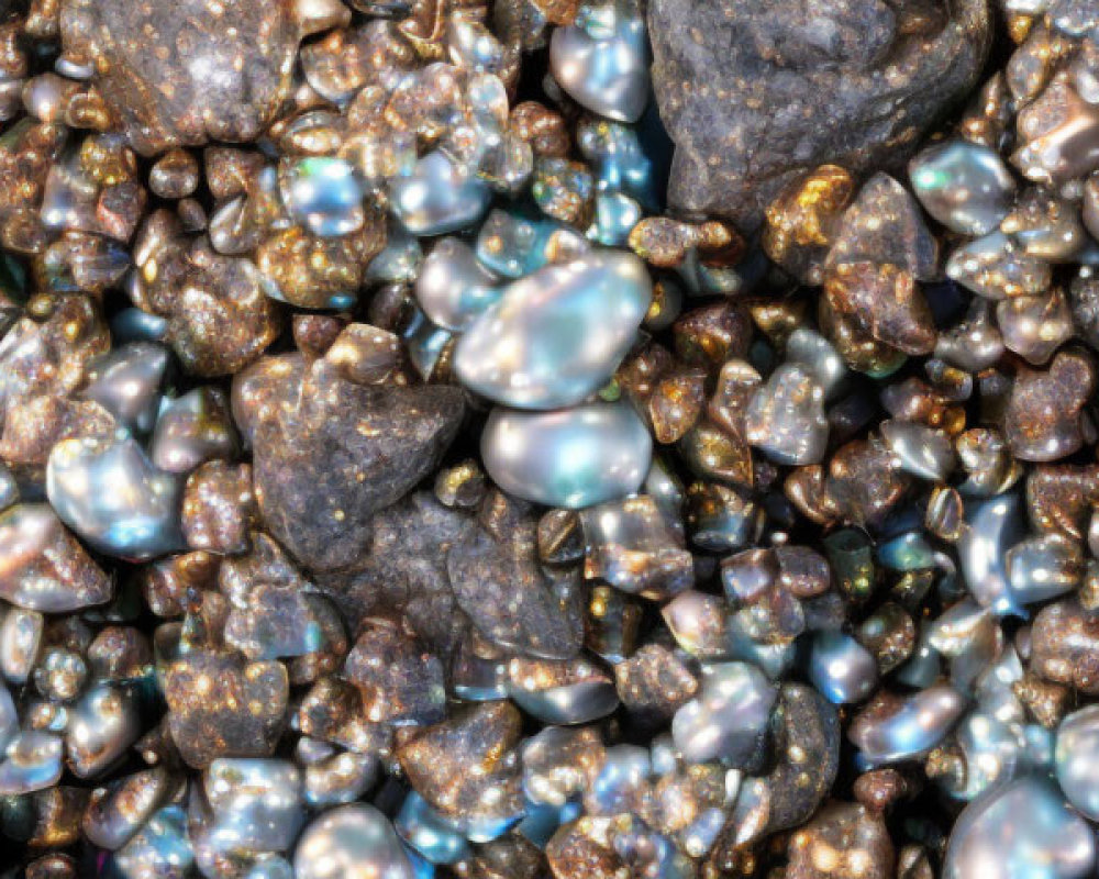 Numerous iridescent pearls on dark surface with shimmering hues