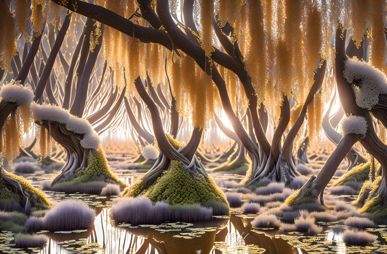 Enchanting forest scene with golden trees, white growths, mossy floor, and tranquil water