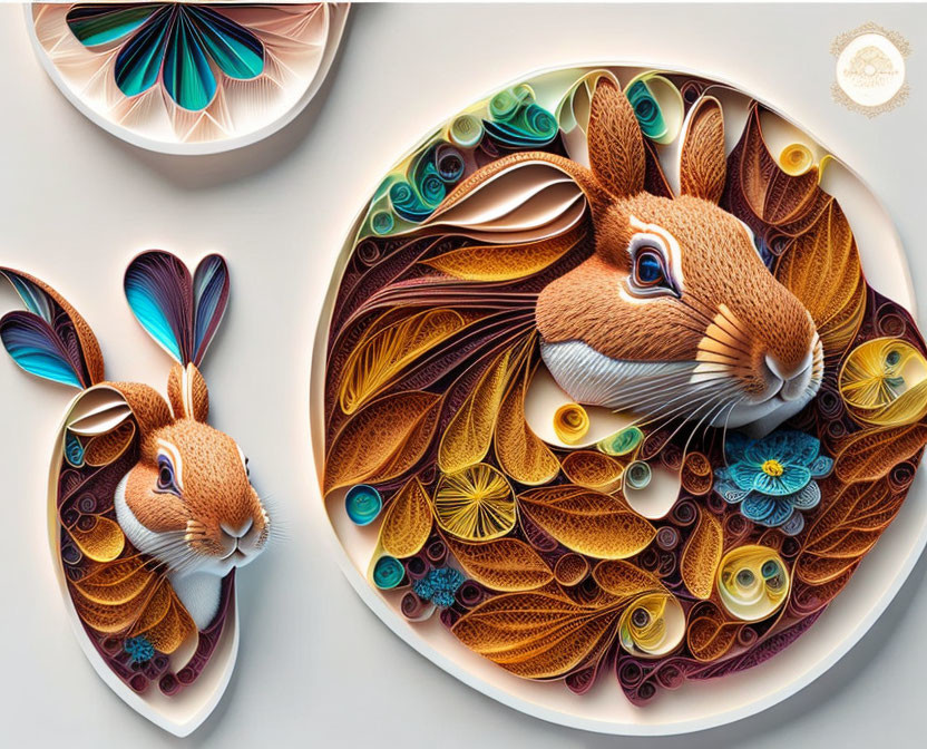 Detailed Paper Quilling Art: Rabbit Depictions with Floral Motifs