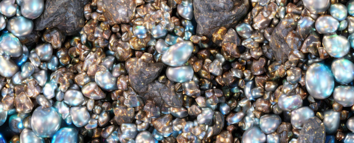 Numerous iridescent pearls on dark surface with shimmering hues