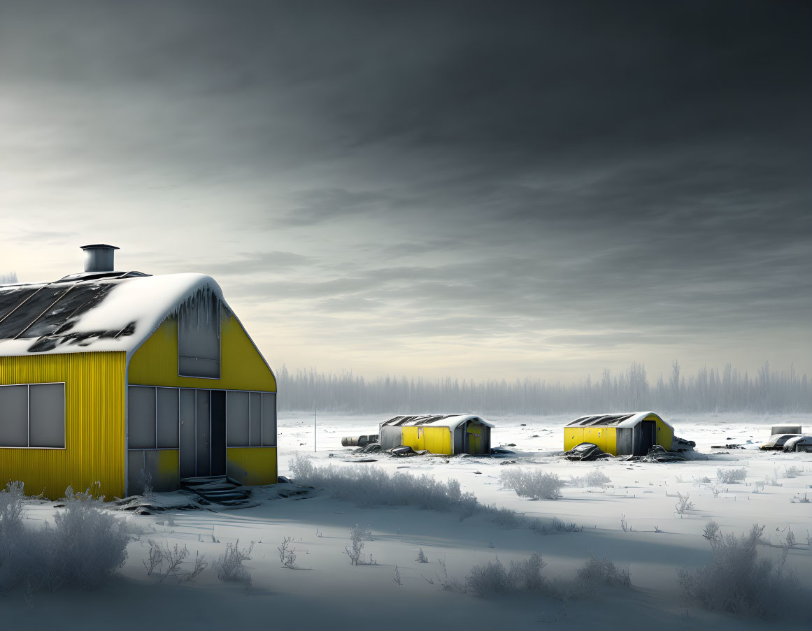 Snowy landscape with large yellow house under brooding sky