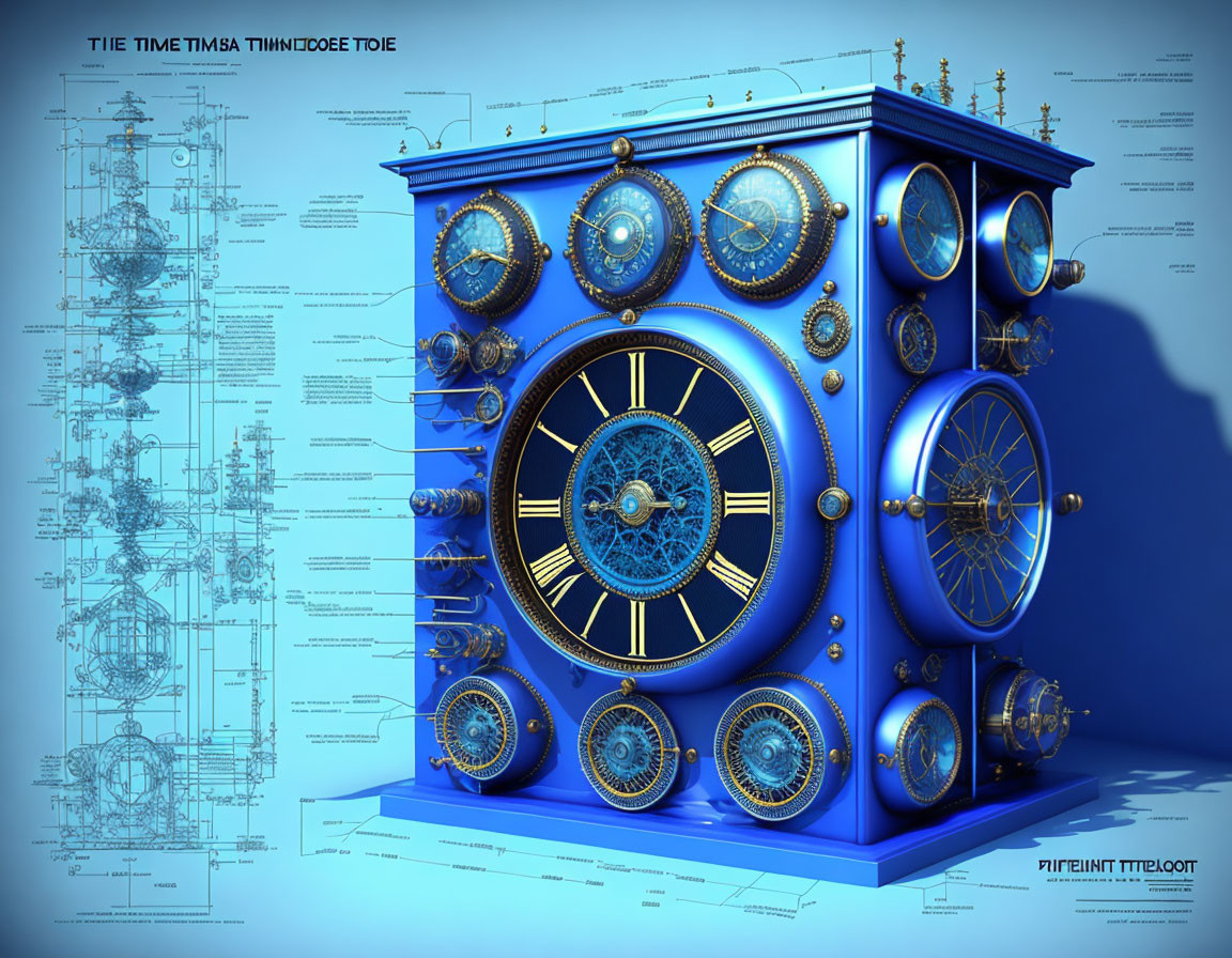 Intricate Steampunk-Style Clock on Blueprint Background