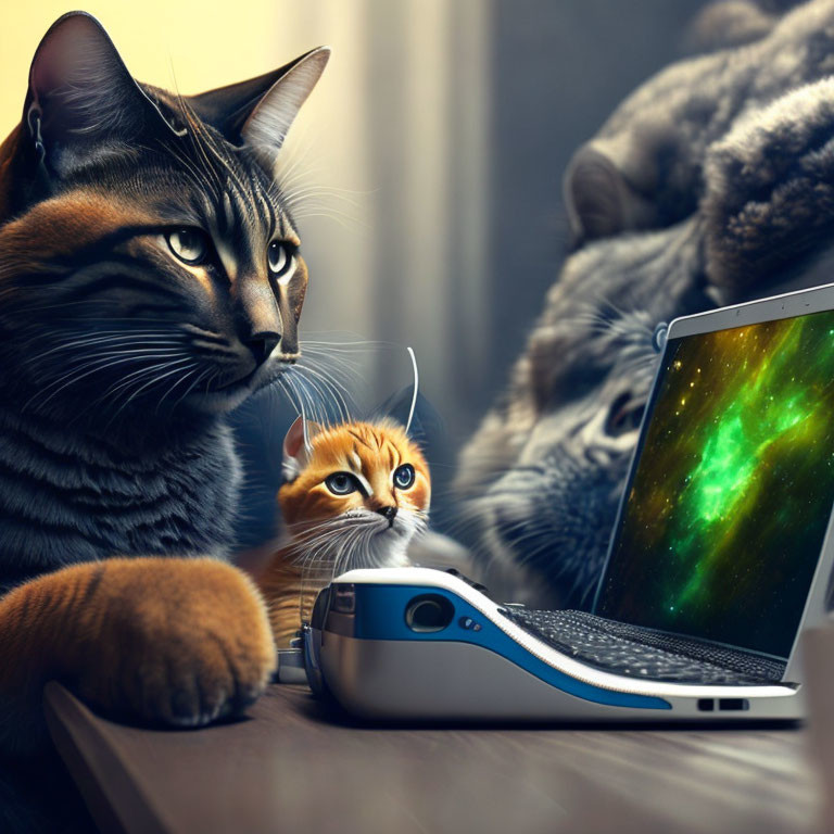 Two cats and a mouse with one cat looking at laptop screen displaying a nebula.