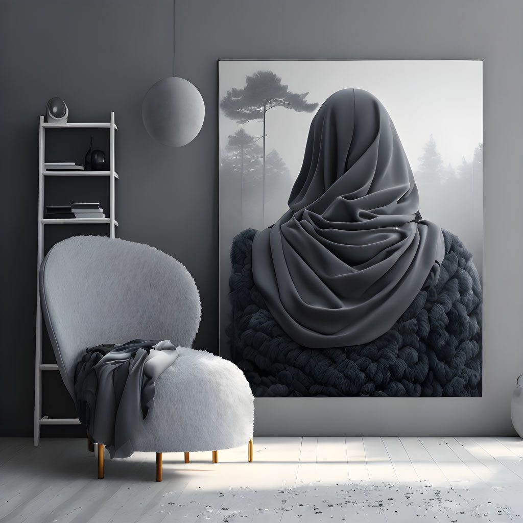 Monochromatic modern room with cozy chair, side table, and draped cloth wall art