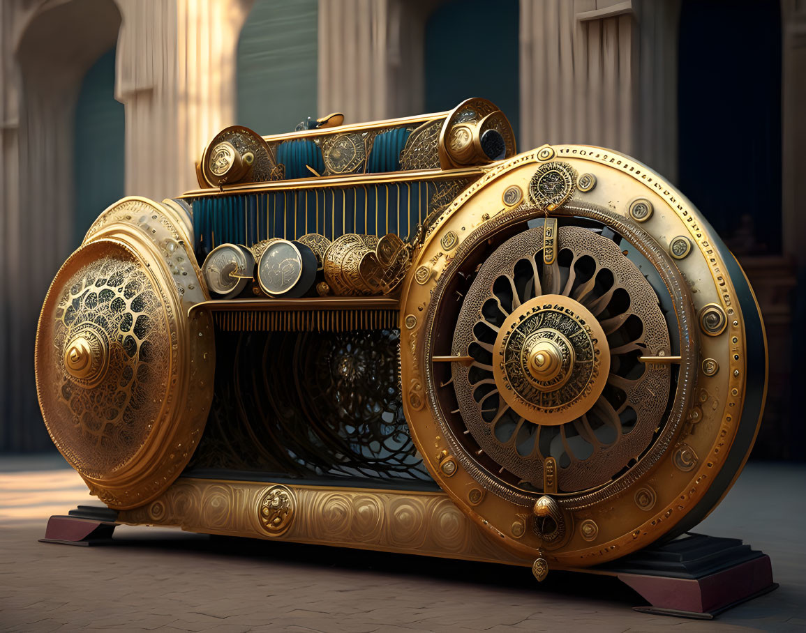 Steampunk-style machine with gold detailing and blue accents in grand hall