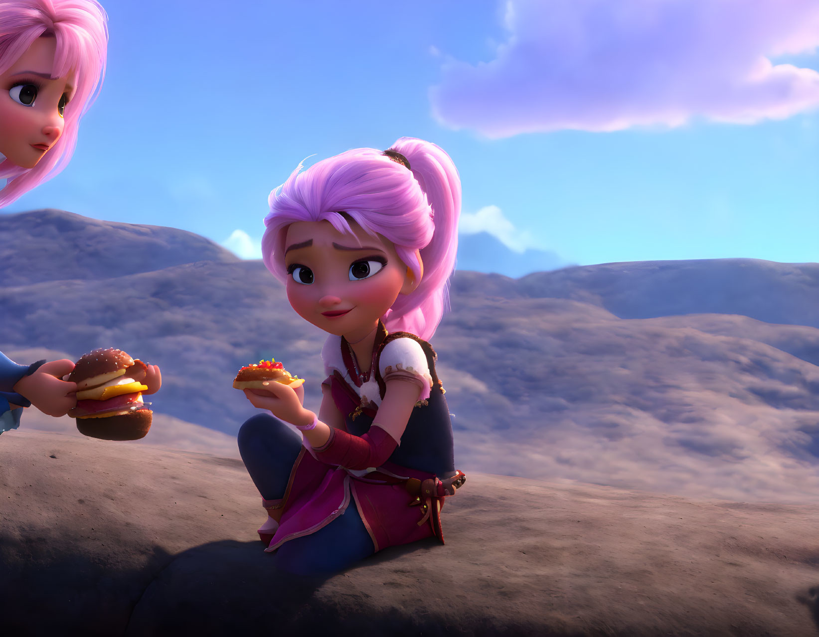 Pink-haired female character with burger, sitting on rock, with another character, under cloudy sky