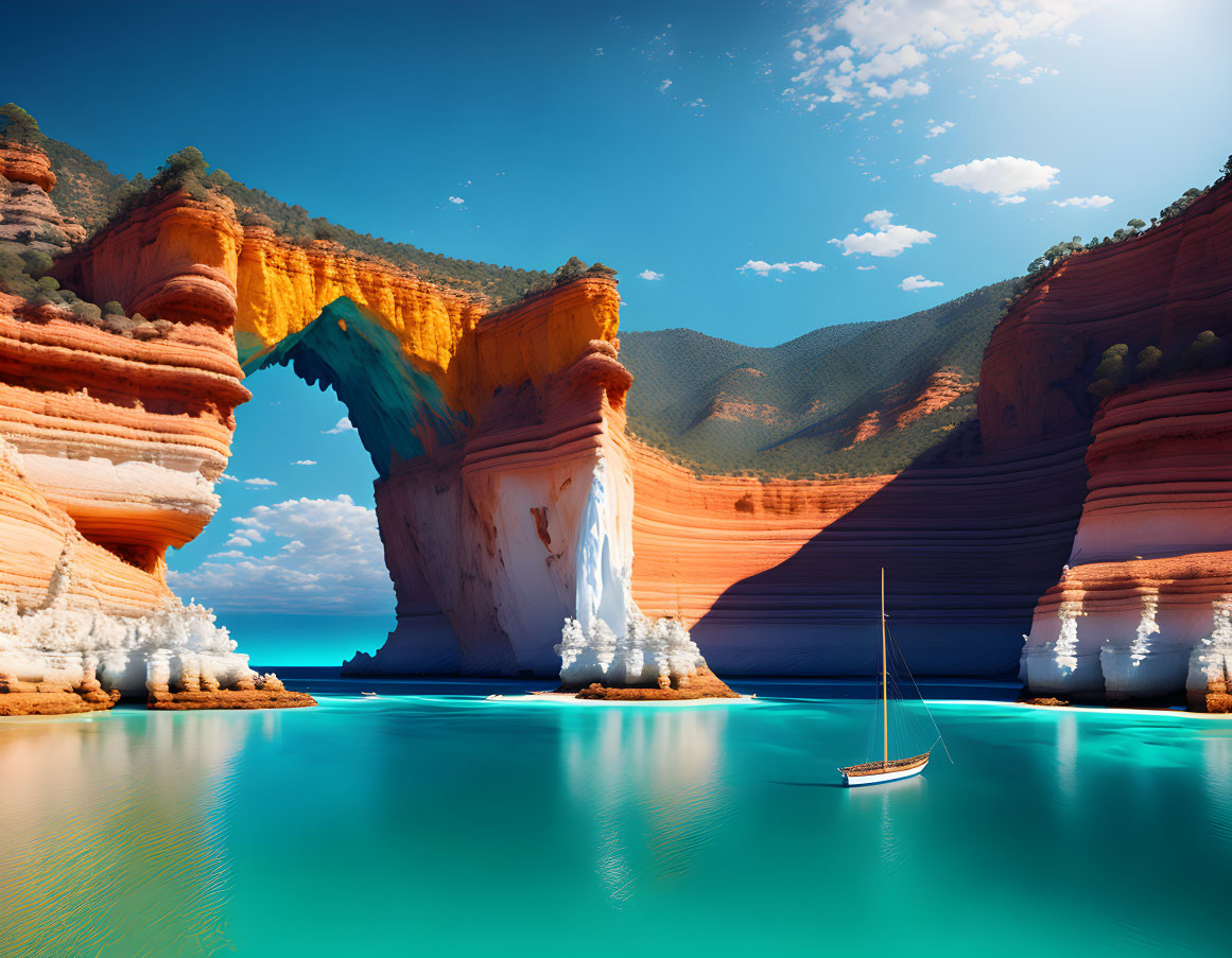 Sailboat on tranquil turquoise sea with red cliffs and greenery