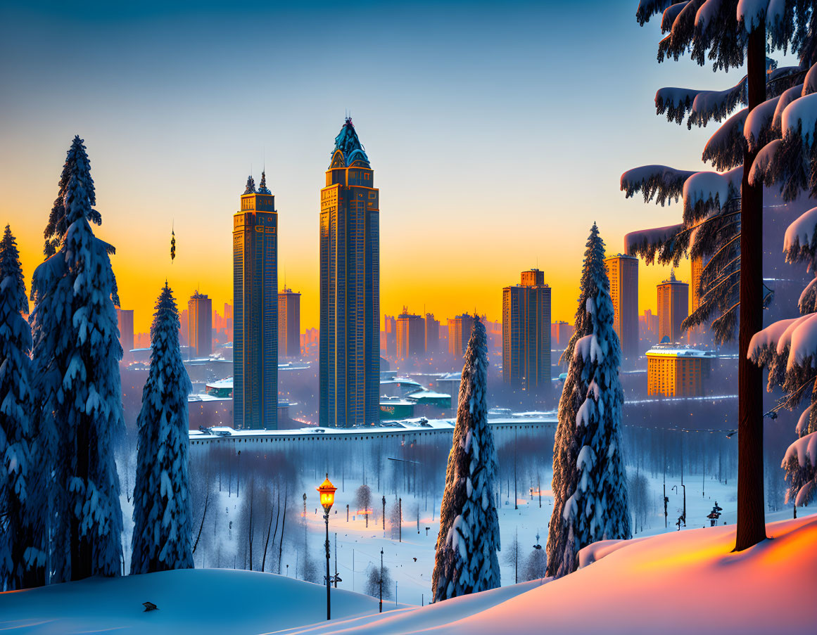 Winter scene: Pine trees, river, and skyscrapers under sunrise