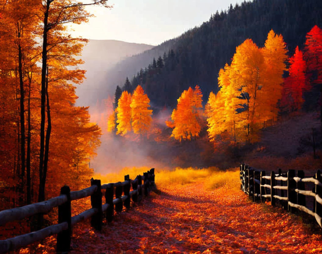 Vibrant autumn landscape with orange and yellow foliage, fallen leaves, wooden fence, and warm sunlight