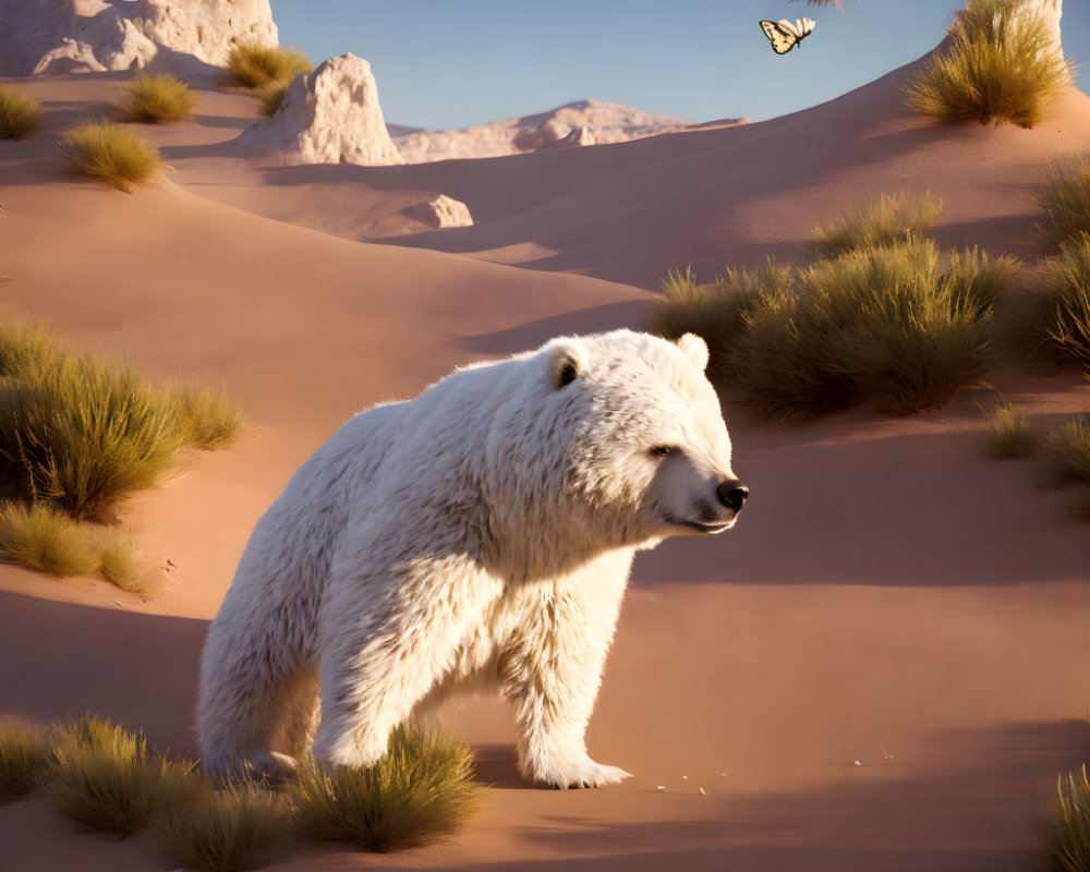 Polar bear in desert with sand dunes and butterfly