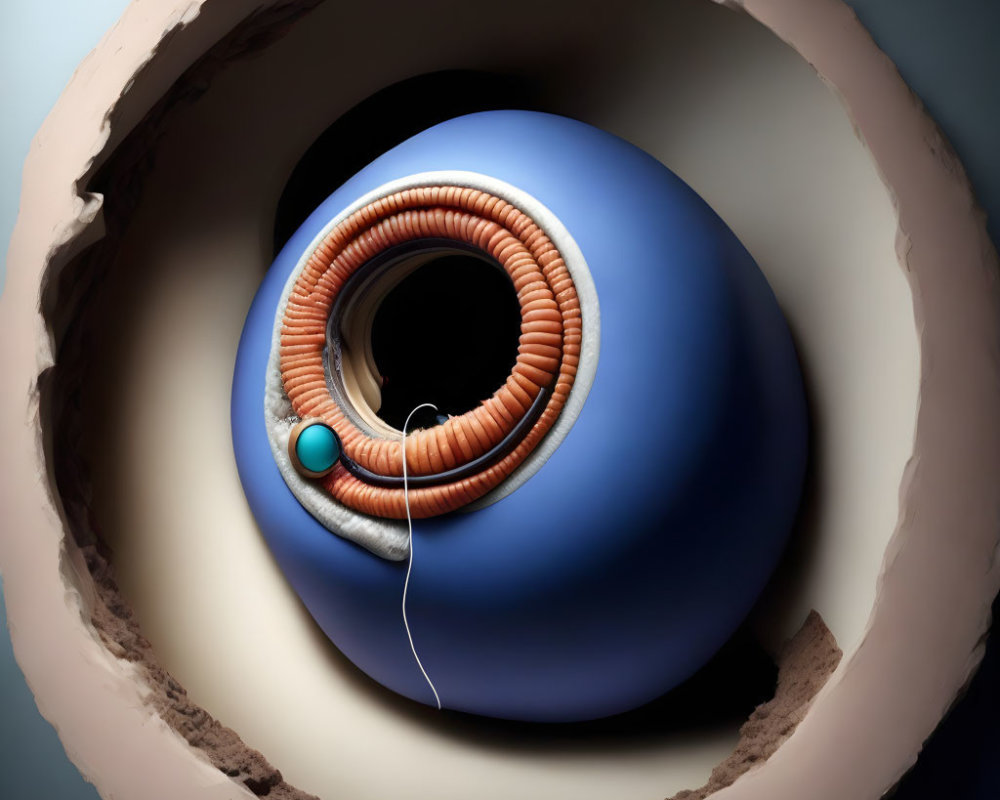 Surrealist digital artwork: eyeball-like sphere with blue iris and fleshy coils