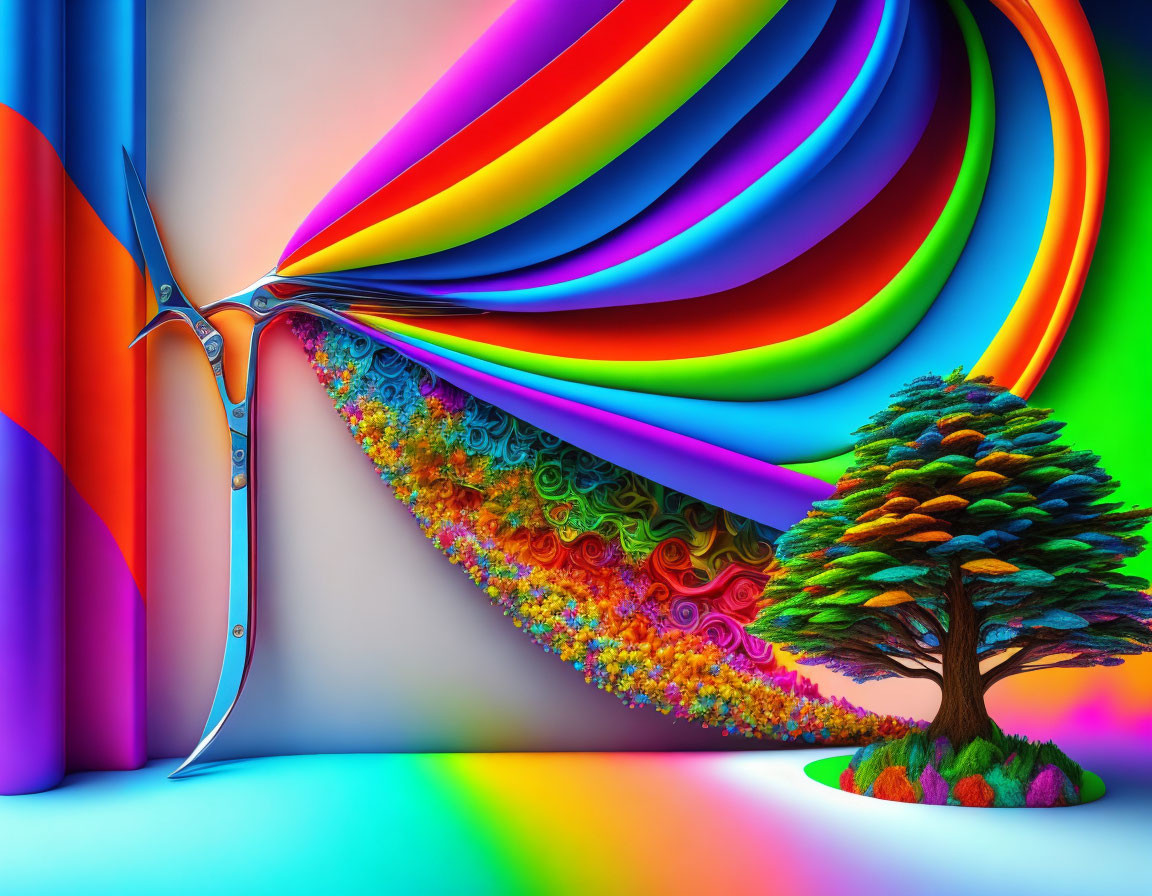 Colorful Abstract Image: Whimsical Tree & Psychedelic Rainbow Patterns