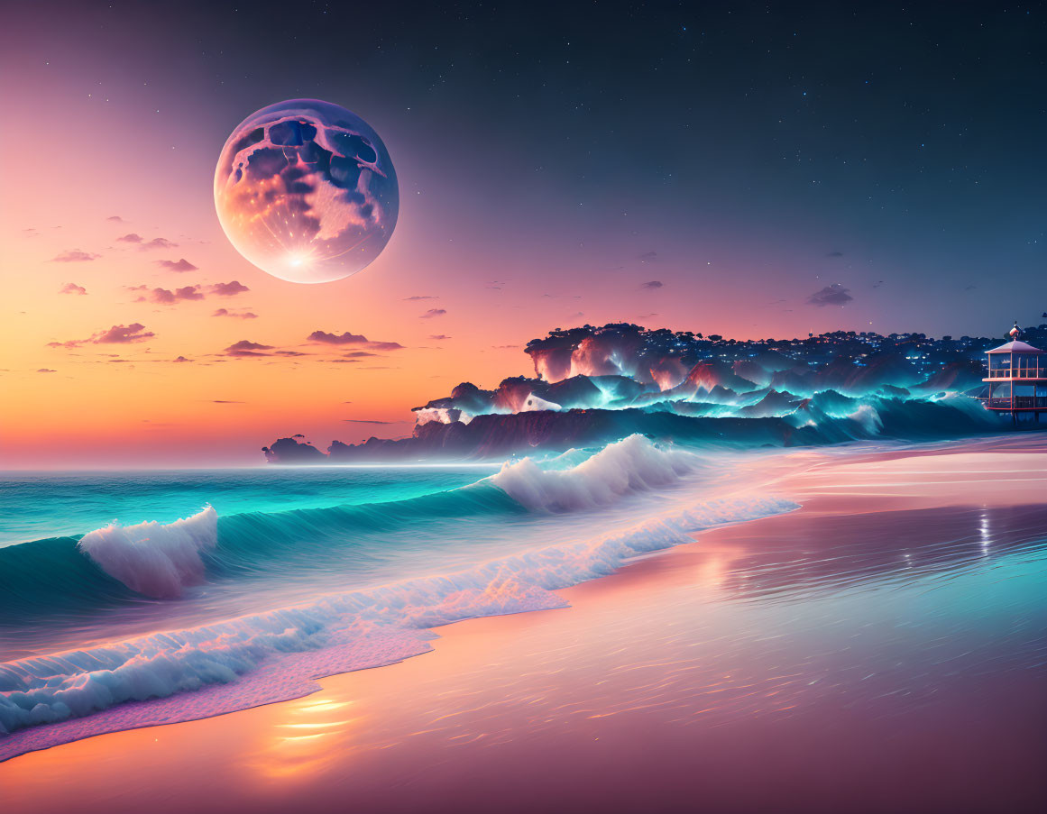 Surreal twilight landscape with vibrant waves crashing onto a beach