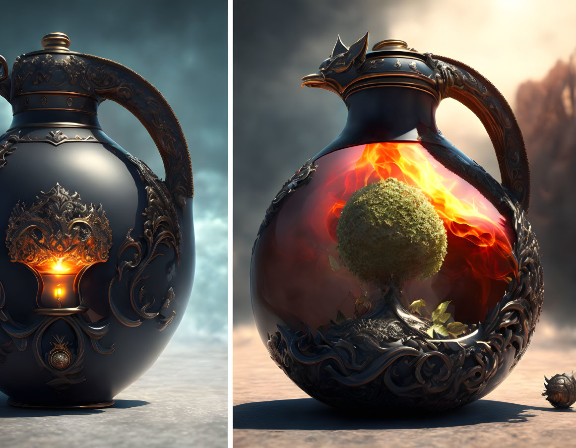 Split-view image of ornate jug: fiery tree vs. calm interior