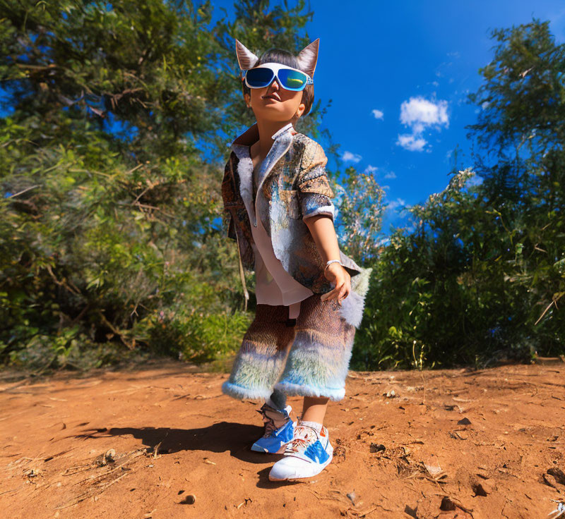 Anthropomorphic cat in stylish attire on dirt path