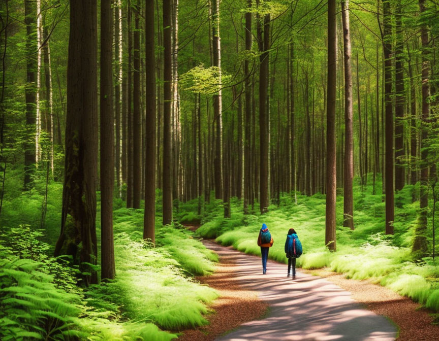 Hikers on tranquil forest trail with tall trees and green ferns