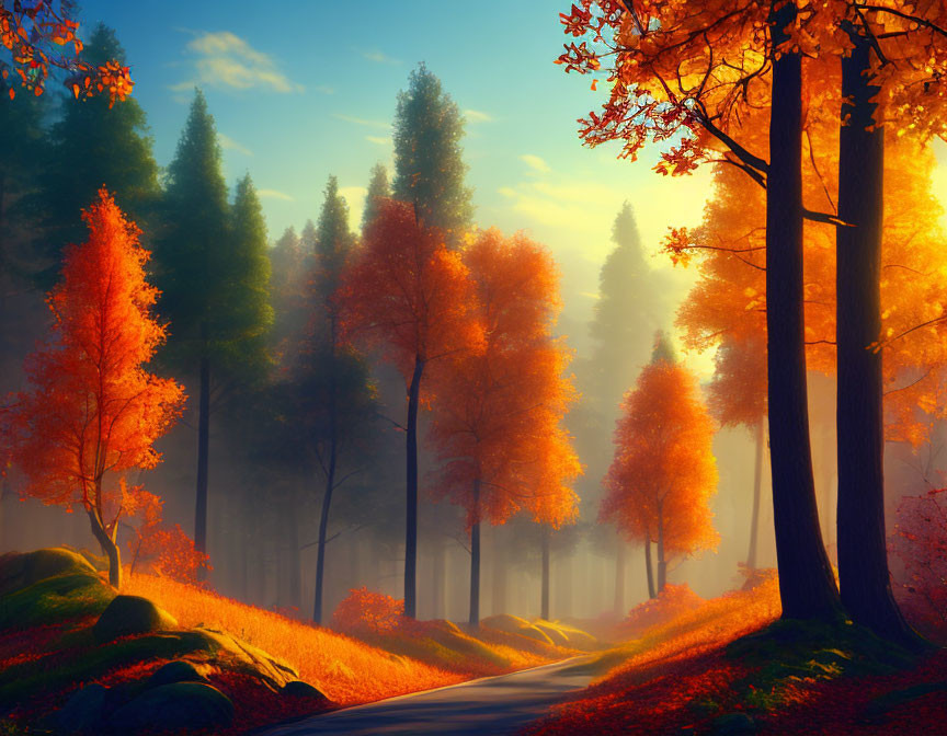 Tranquil Autumn Forest Path with Sunlit Trees