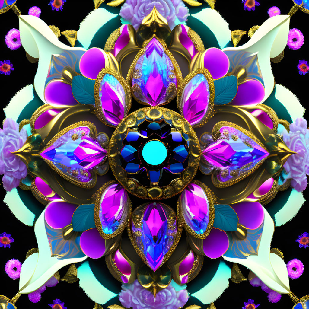 Symmetrical digital mandala with jewels, gold accents, and floral motifs