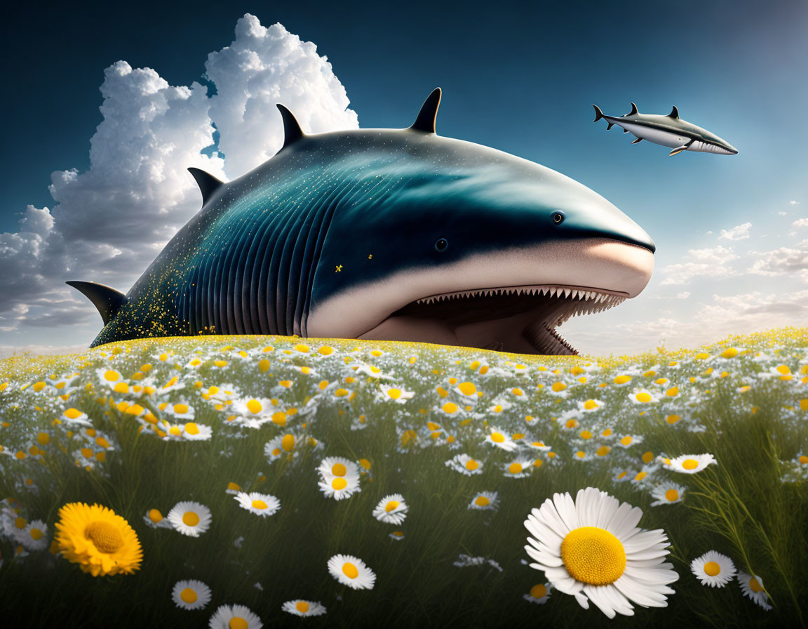 Surreal image: giant shark in daisy field with plane