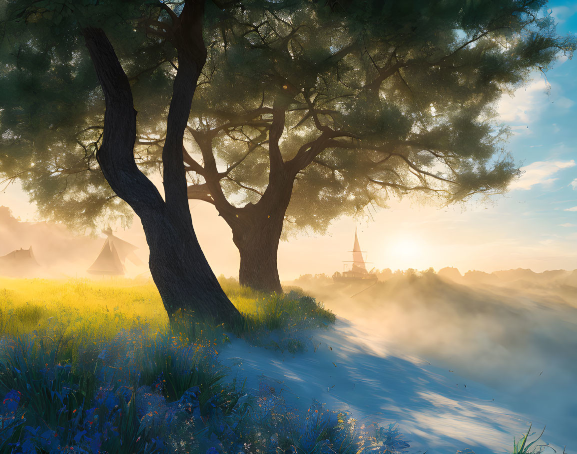 Golden sunrise over misty landscape with lush tree and village church.