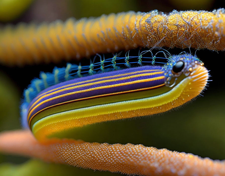 Vibrant blue, yellow, and orange striped caterpillar on leaf