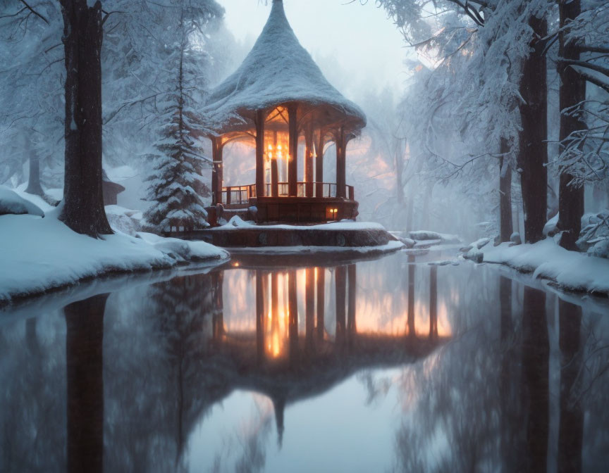 Snow-covered gazebo in serene winter twilight scene with tranquil pond and snowy trees.