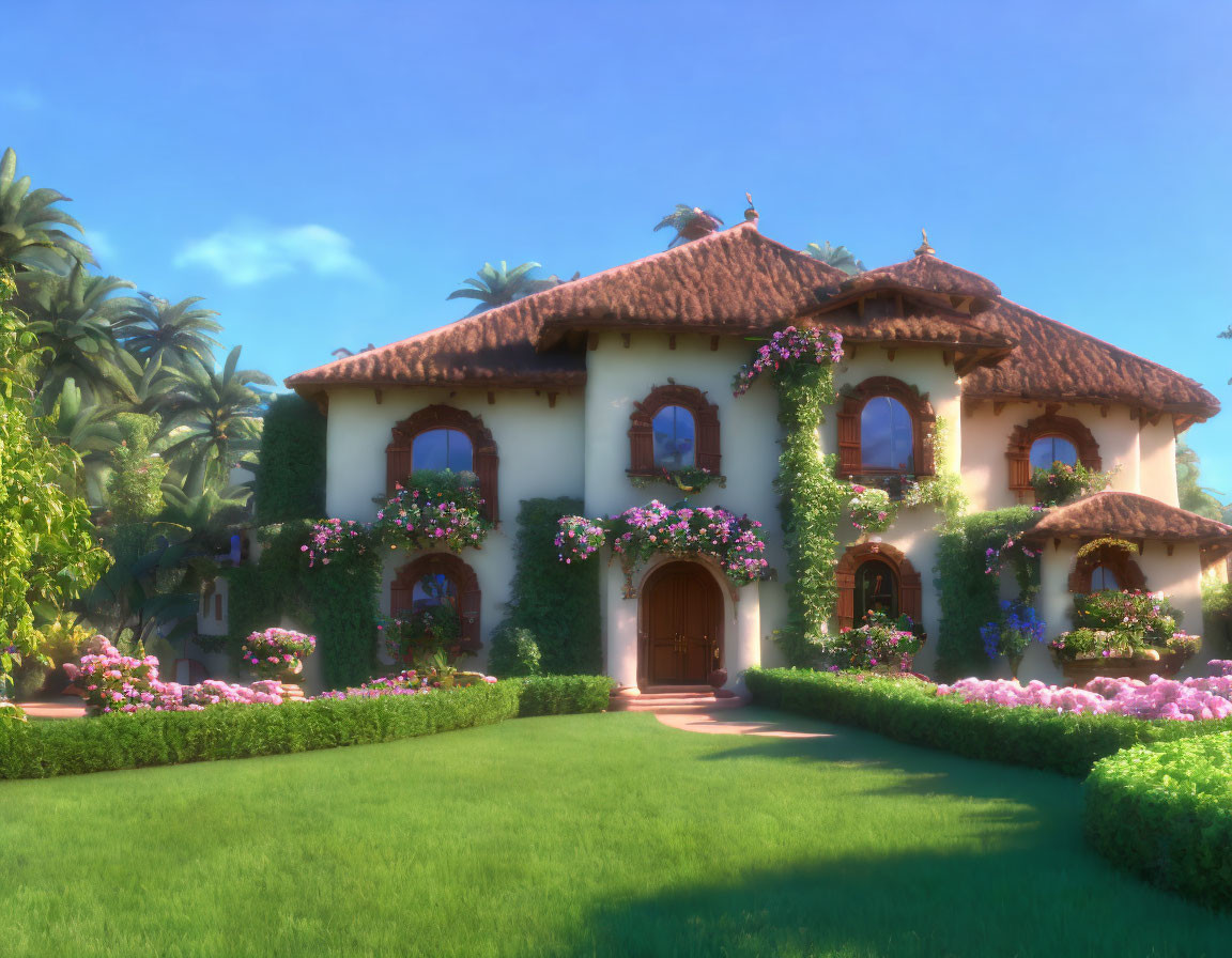 Tranquil setting: Two-story villa with terracotta roof, lush gardens, and palm trees