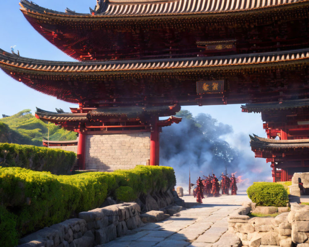 Group of People in Red Armor Marching Through Historic Asian Gate