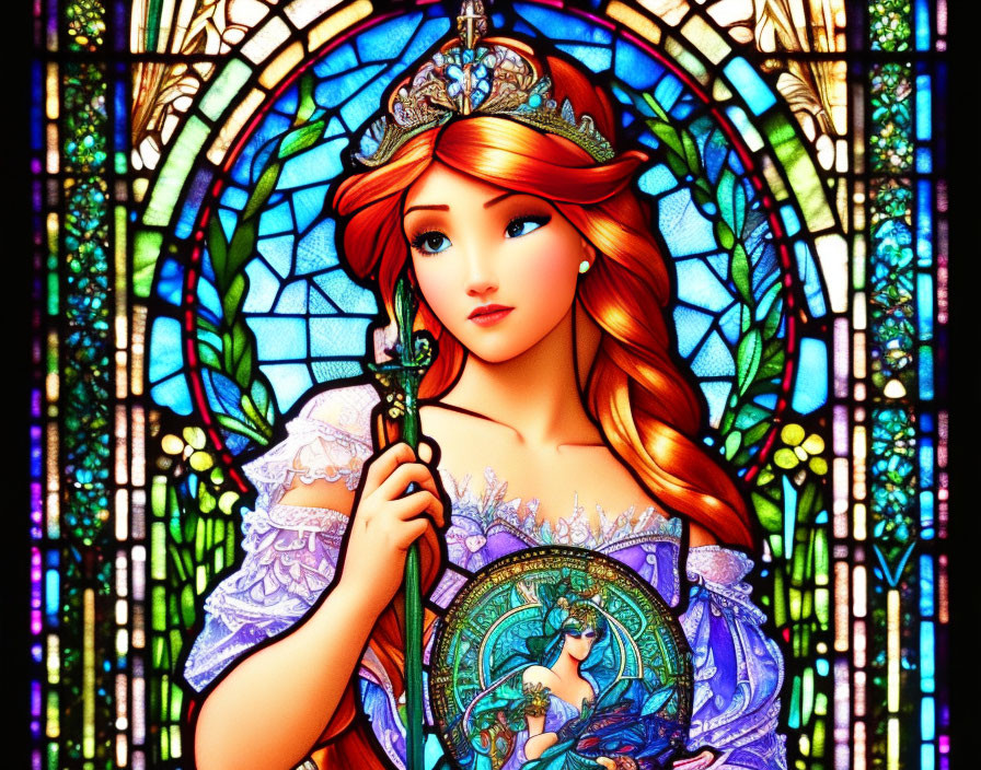 Colorful Stained Glass Art: Red-Haired Princess with Peacock Scepter