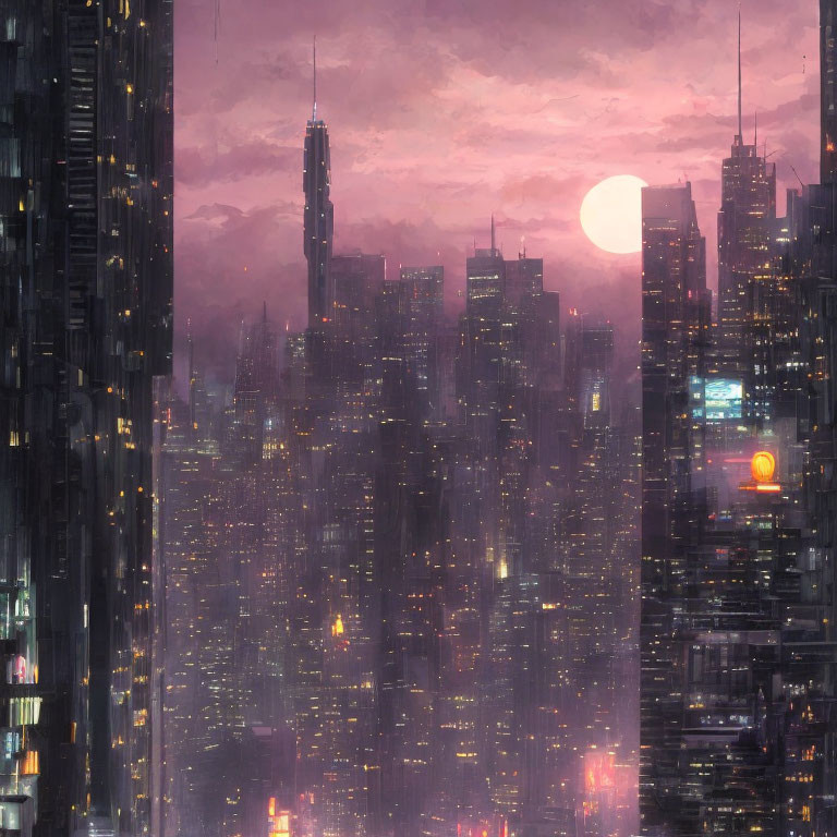 Futuristic cityscape with towering skyscrapers and glowing lights at dusk