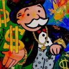 Colorful Monopoly Man with Top Hat Surrounded by Flying Property Cards and Money