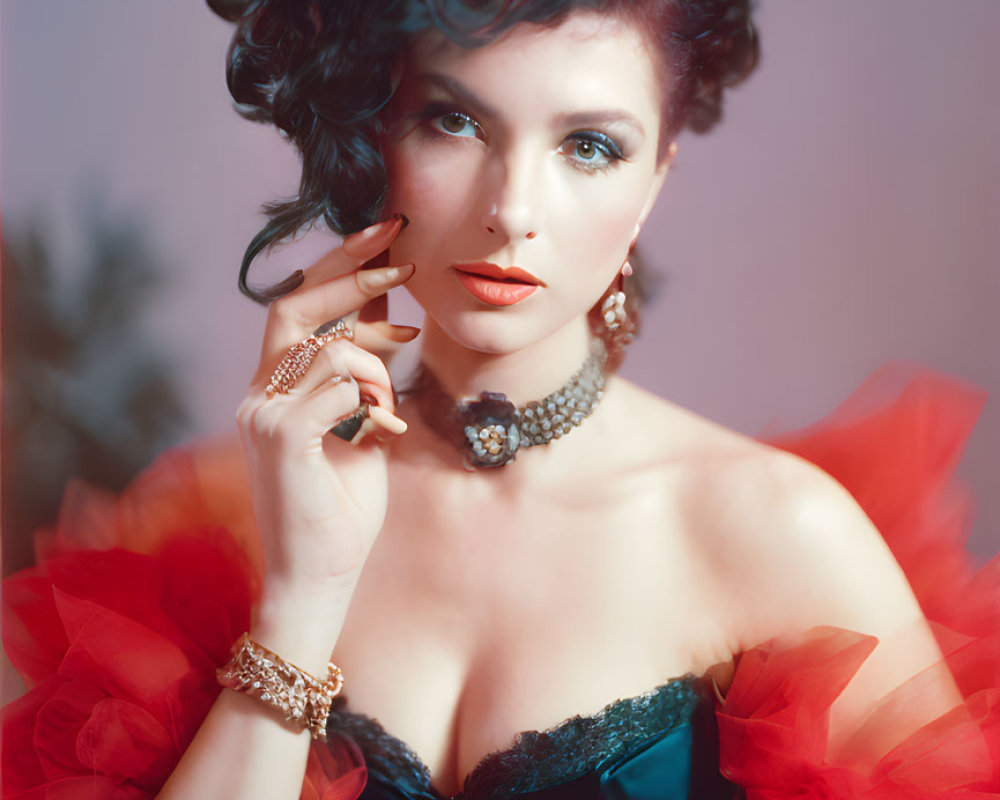 Curly teal hair woman in vintage makeup and elegant jewelry