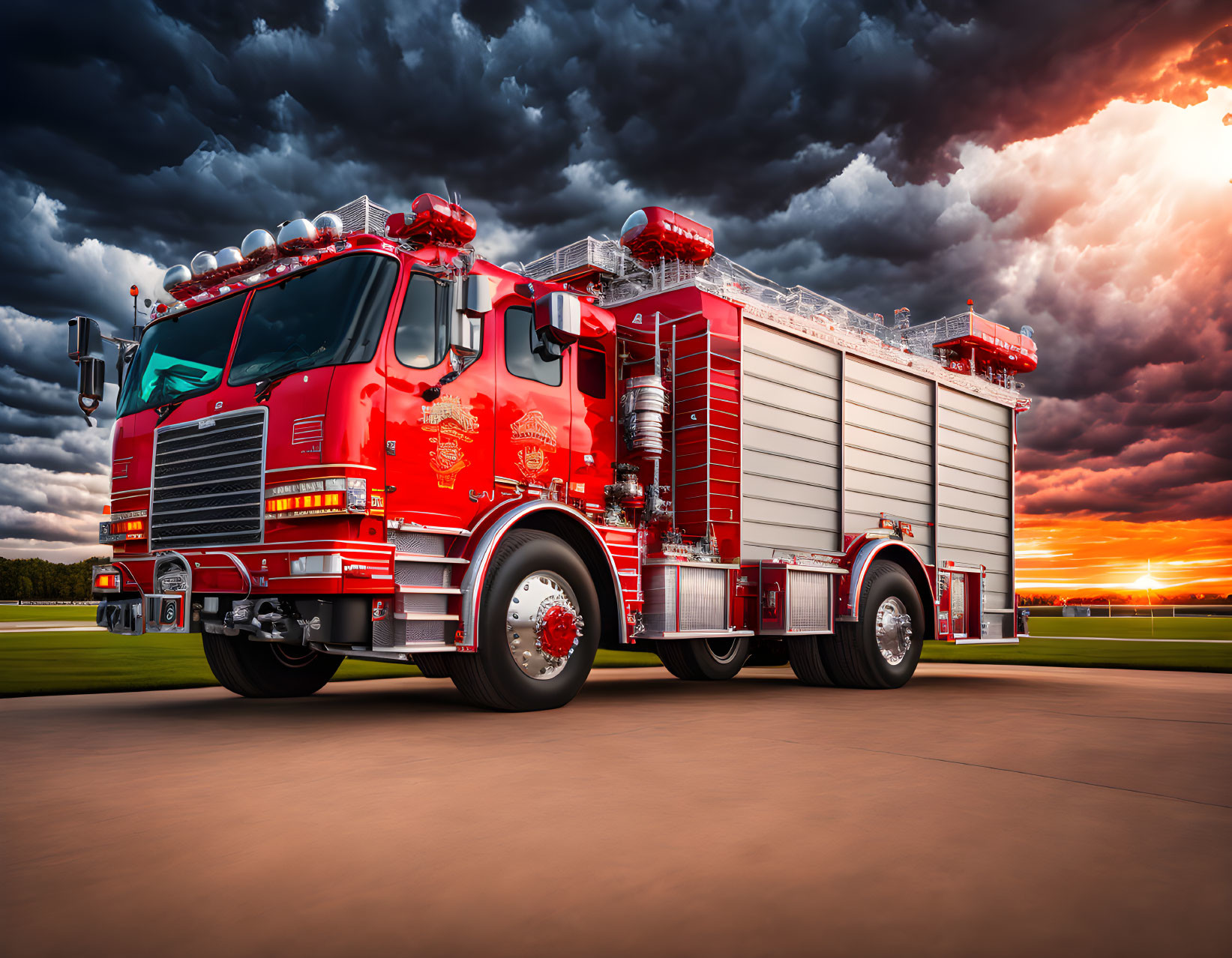 Vibrant red firetruck under dramatic sunset and dark clouds