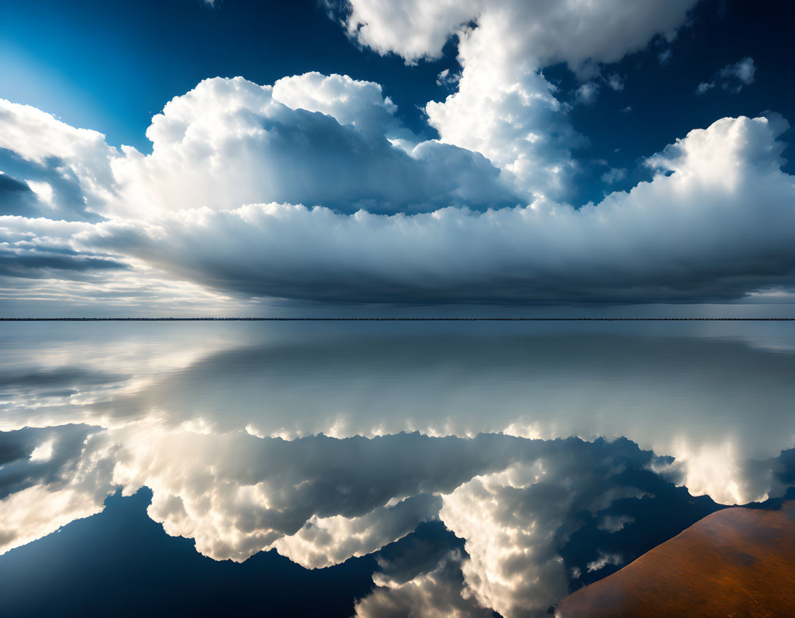 Tranquil lake reflects fluffy clouds and blue sky