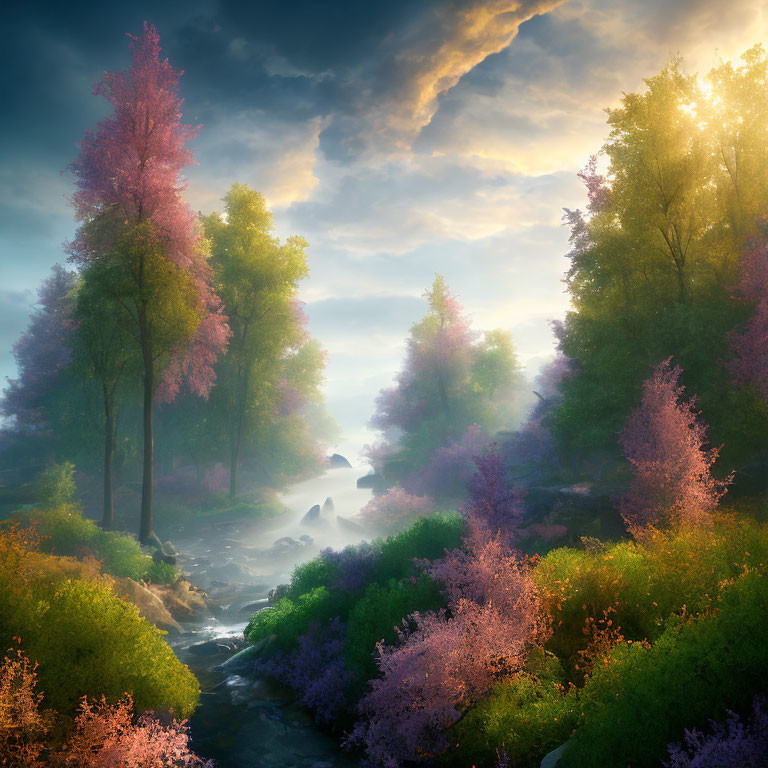 Tranquil landscape with river, flowering trees, and sunrise