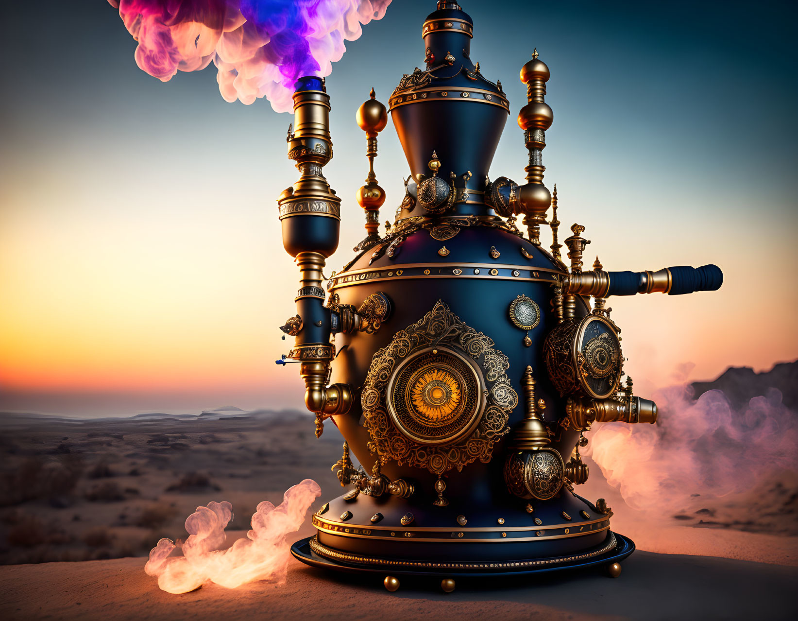 Steampunk-style machine emitting purple smoke in desert sunset.