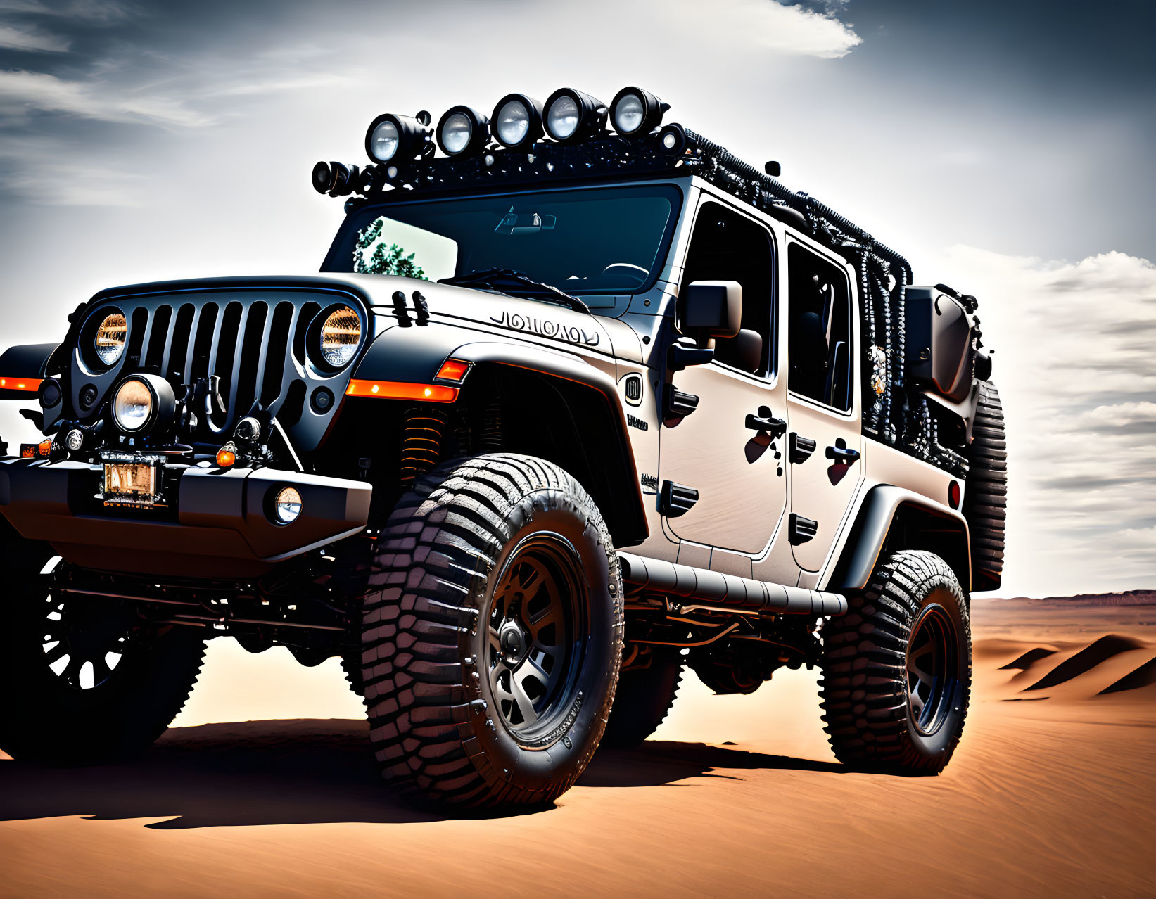 Customized Jeep Wrangler with off-road tires, extra lights, and desert-themed graphics.