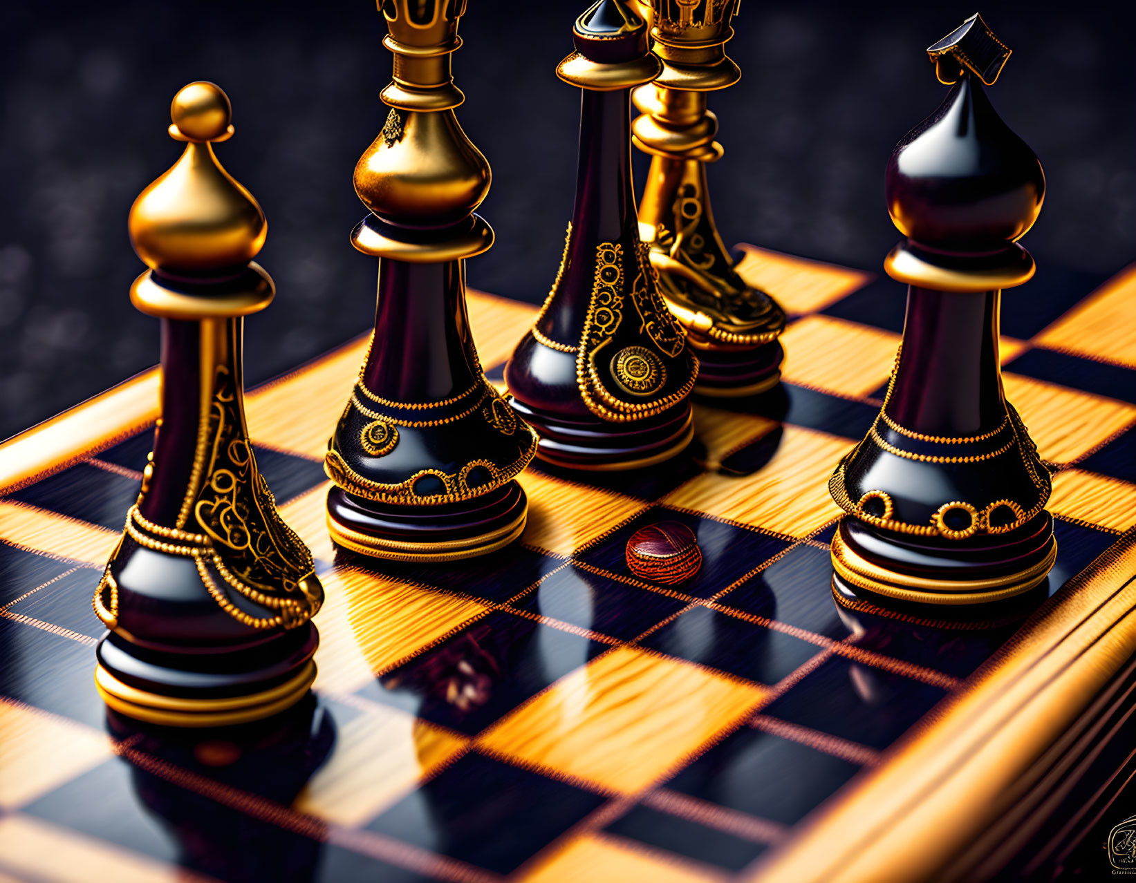 Intricate Golden Designs on Elegant Chess Pieces